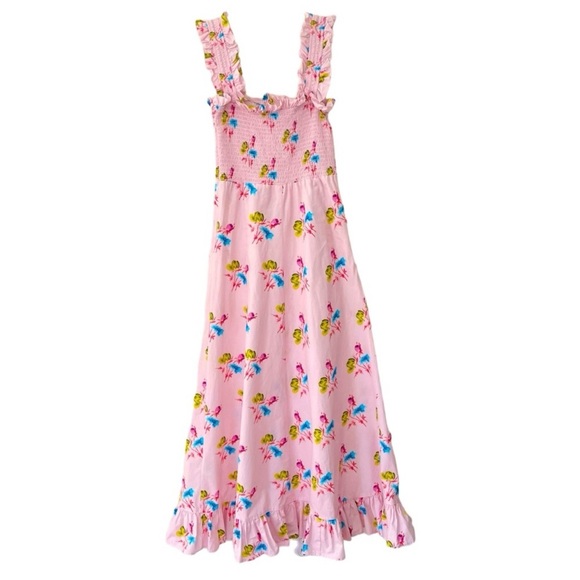 GANNI | Smocked Pink Floral Midi Dress, Size FR 34/US 2 100% Cotton - Picture 8 of 14